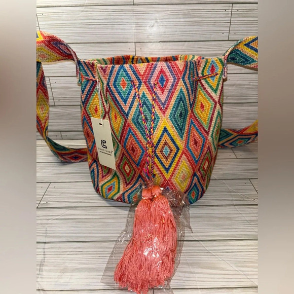 Patterned Crossbody Bucket Bag W/ Tasseled Drawstring - Picture 1 of 5